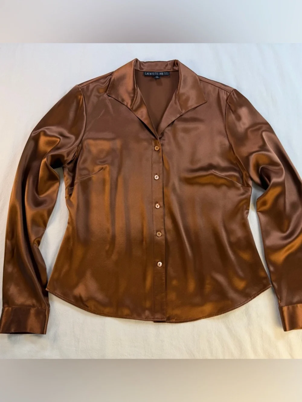 Lafayette 148 New York Chocolate Brown Silk Button-Down Blouse Size 6 - Picture 6 of 11
